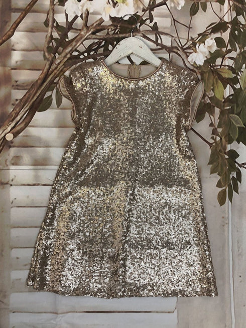 Little Girls Champagne Sequin Katy Short Sleeve Shift Party Dress 2-6 - SophiasStyle.com